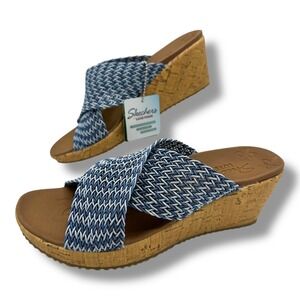 Skechers Beverley Luxe Foam Women Blue Woven Cork Wedge Sandals  Size 8 Vegan